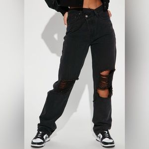 Distressed Crossover Straight Leg Jeans
- Black